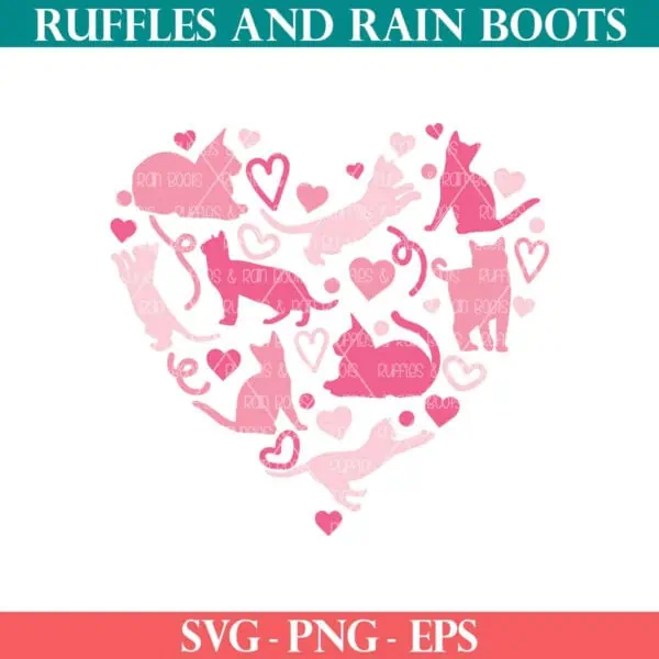 Silhouette of cats and kittens in the shape of a heart for Valentine's Day from Ruffles and Rain Boots SVG.