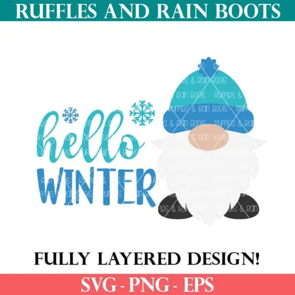Free hello winter gnome SVG with winter hat and snowflakes from Ruffles and Rain Boots free SVG.