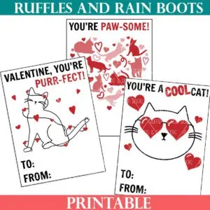 Printable cat valentine cards from Ruffles and Rain Boots.