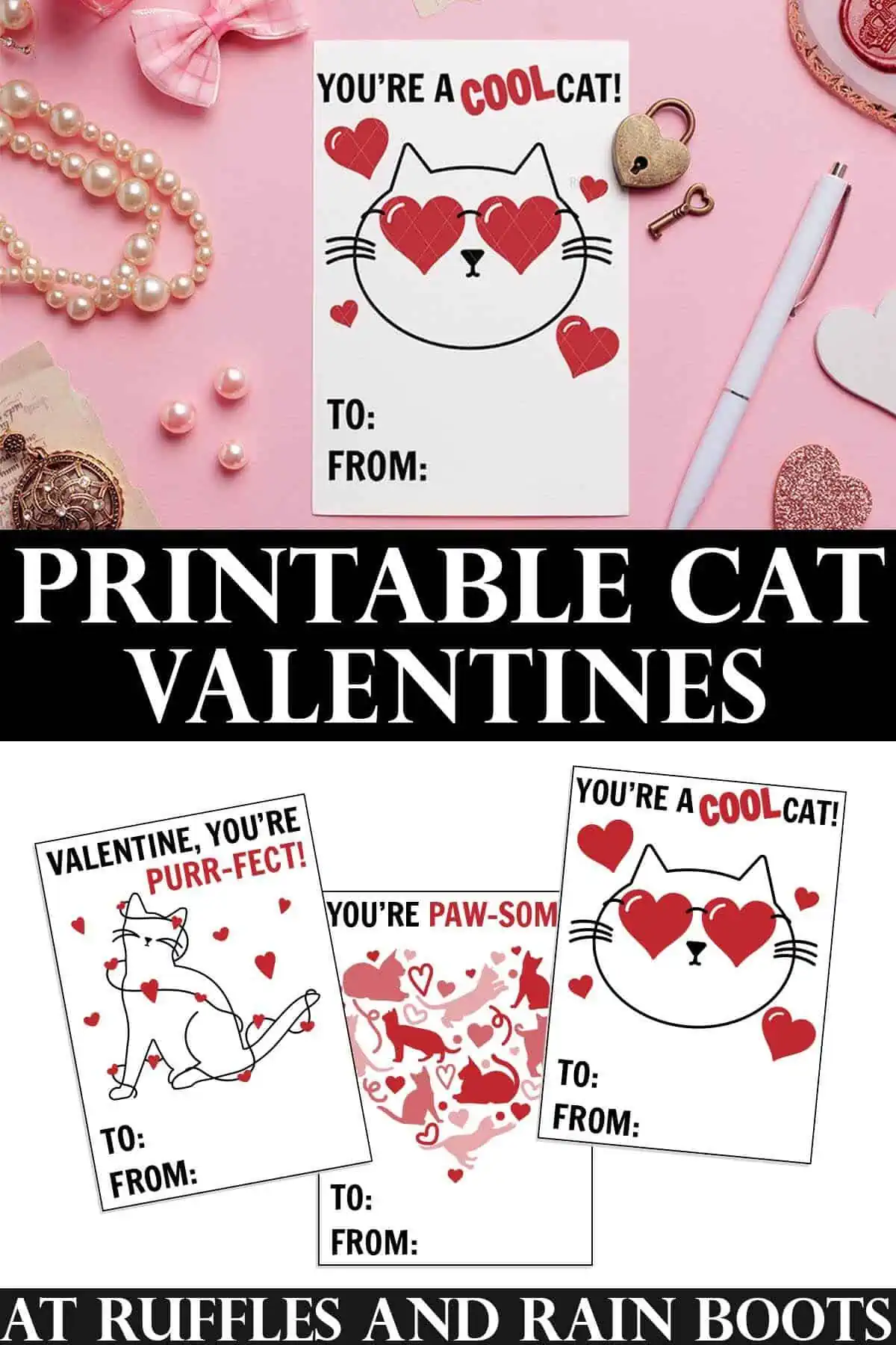 Split vertical image of Printable cat Valentines on a pink background.