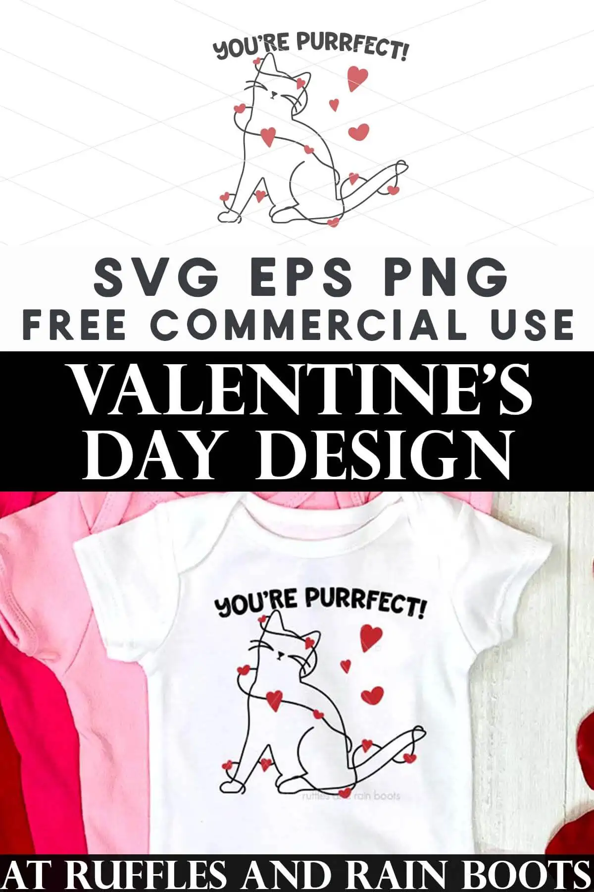 Split vertical image of a cat outline SVG in black with red hearts on a baby bodysuit with text which reads Valentine's Day design SVG.