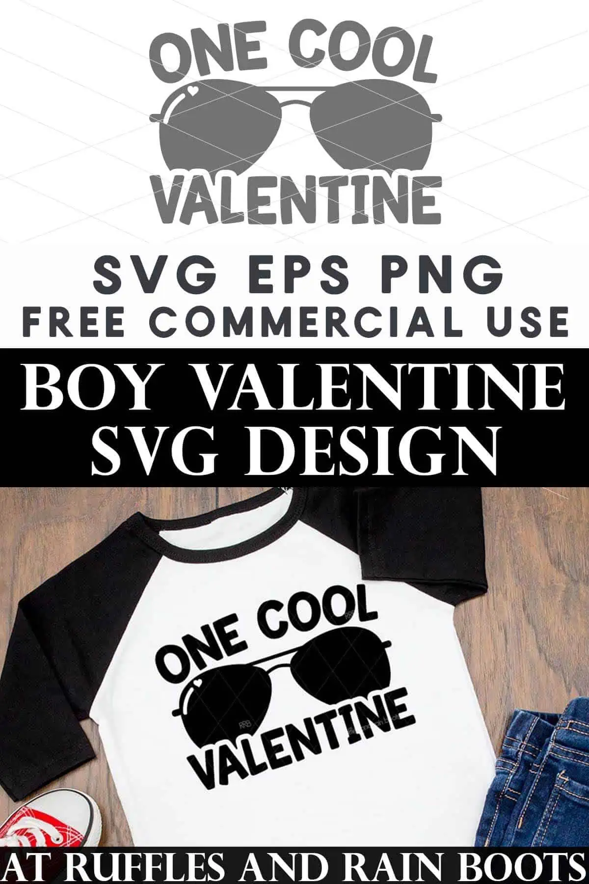 Split vertical image of black raglan sleeve t shirt on wood which reads one cool valentine and text which reads boy valentine svg.