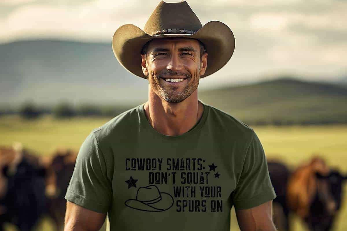 Horizontal image of a smiling man in a cowboy hat with a green t-shirt which reads cowboy smarts: don't squat with your spurs on and a cowboy hat svg.