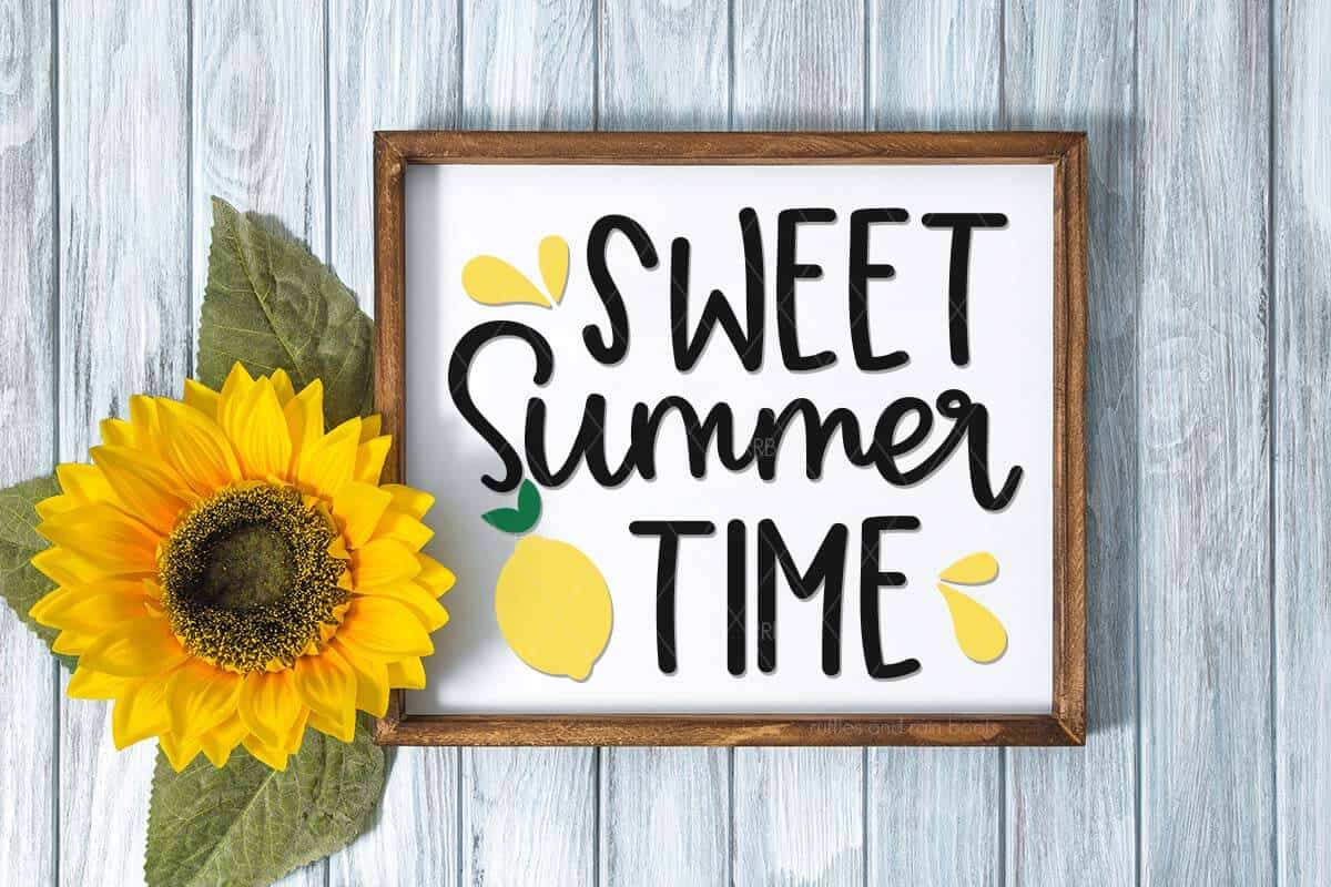 Horizontal image of a sunflower next to a frame which reads sweet summertime with lemons SVG from Ruffles and Rain Boots.