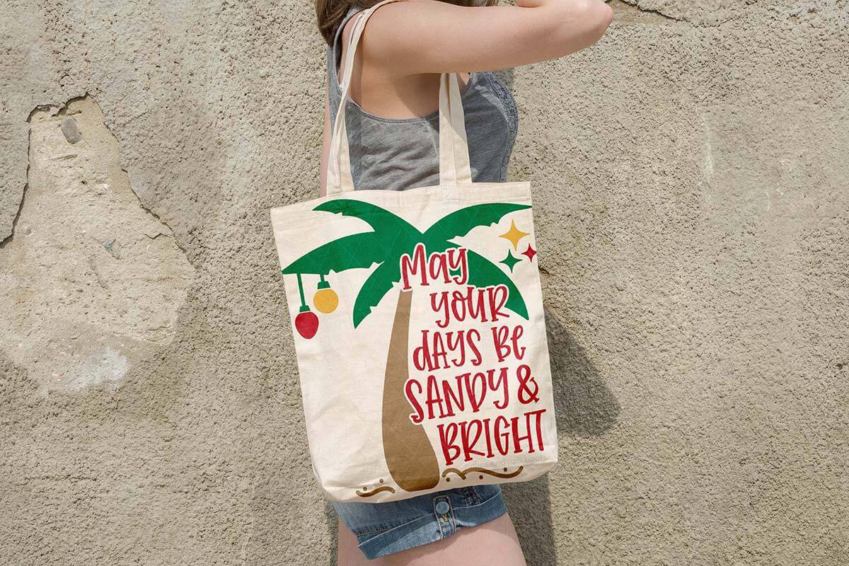 Horizontal image of a woman standing in front of the sea wall wearing a tote bag which reads may your days be sandy and bright under a palm tree with Christmas ornaments and stars.
