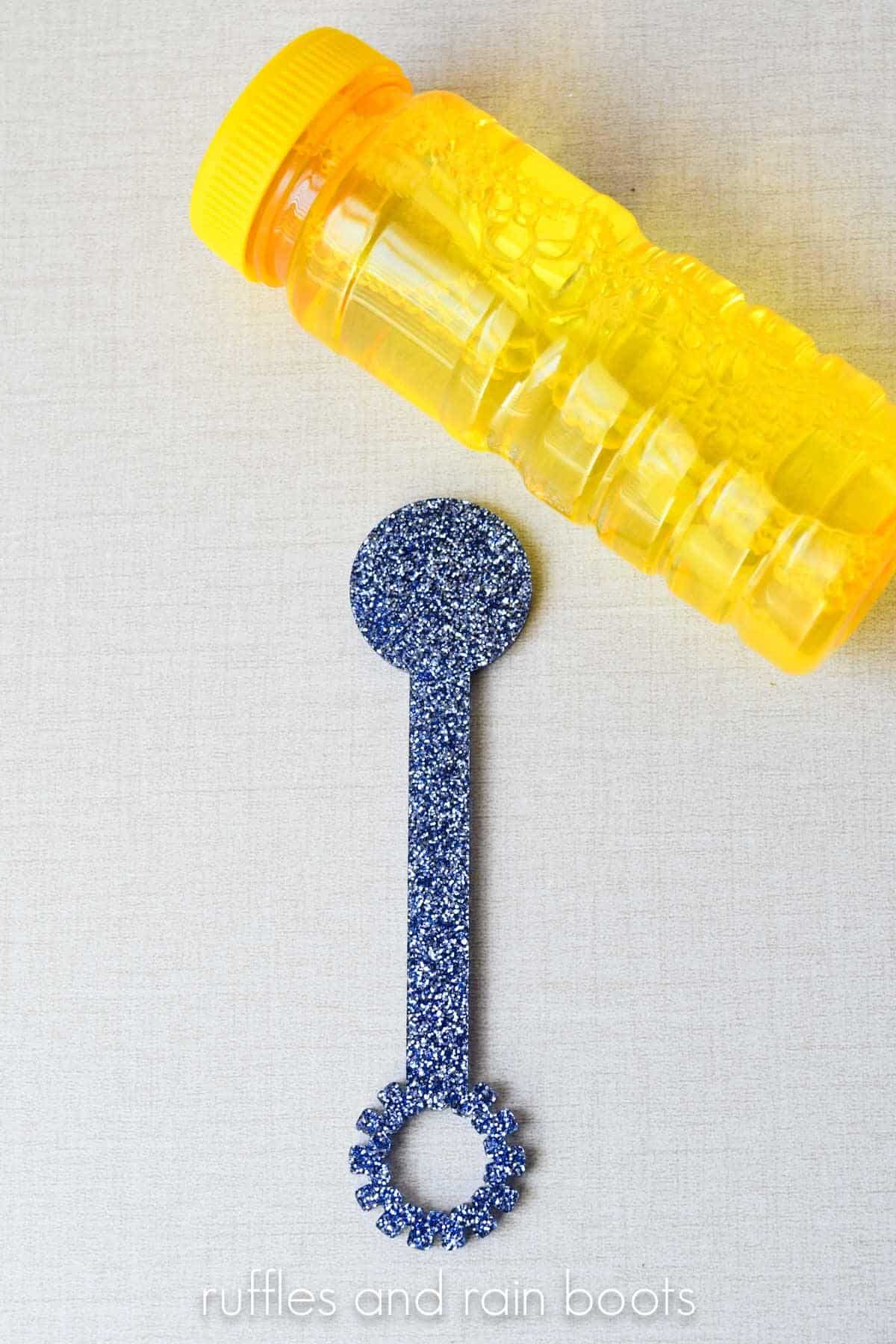 Basic bubble wand for Valentine's Day with a yellow jar of bubbles.