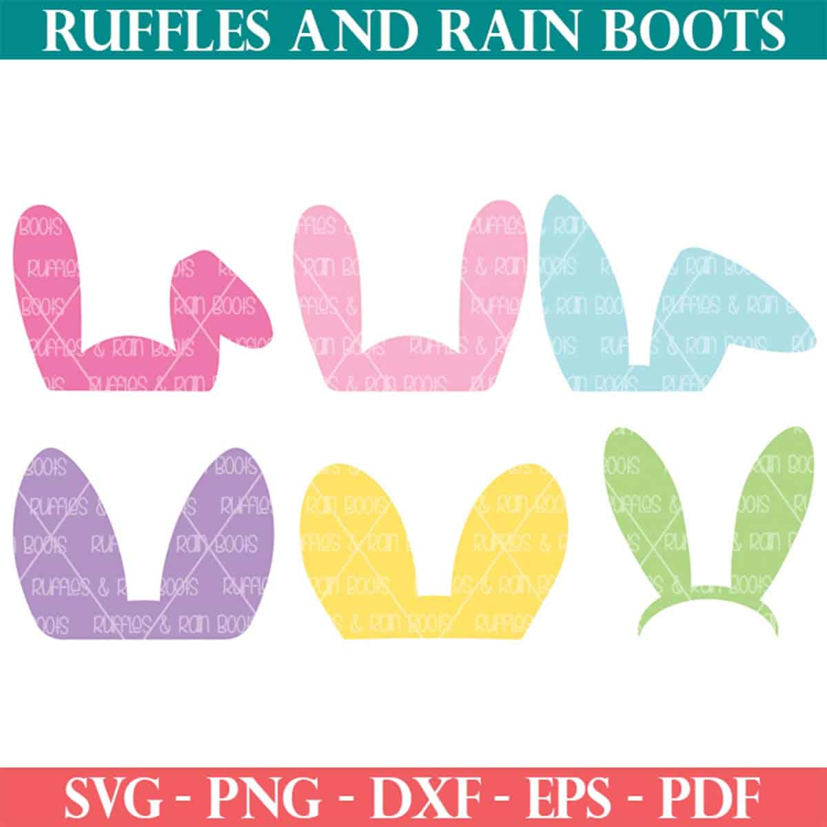 Square image of six bunny ear designs from Ruffles and Rain Boots SVG.