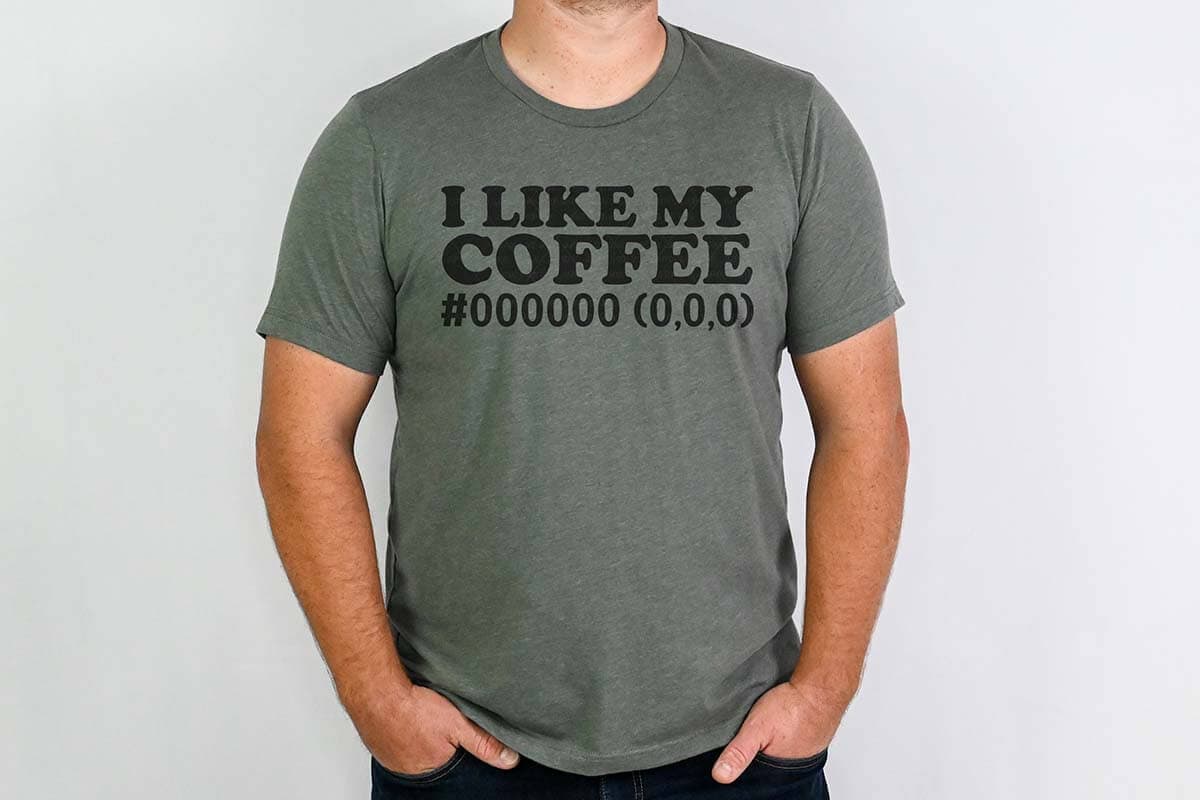 Funny coffee SVG on a green t-shirt which reads I like my coffee black in HEX code.