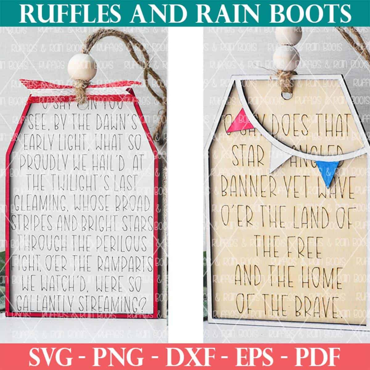 Split square image showing two Patriotic door tag signs made for the 4th of July with Independence Day themes and painted in red, white, and blue.