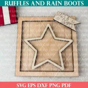 Stacked star shelf sitter for the 4th of July cut in different wood species from Ruffles and Rain Boots SVG.