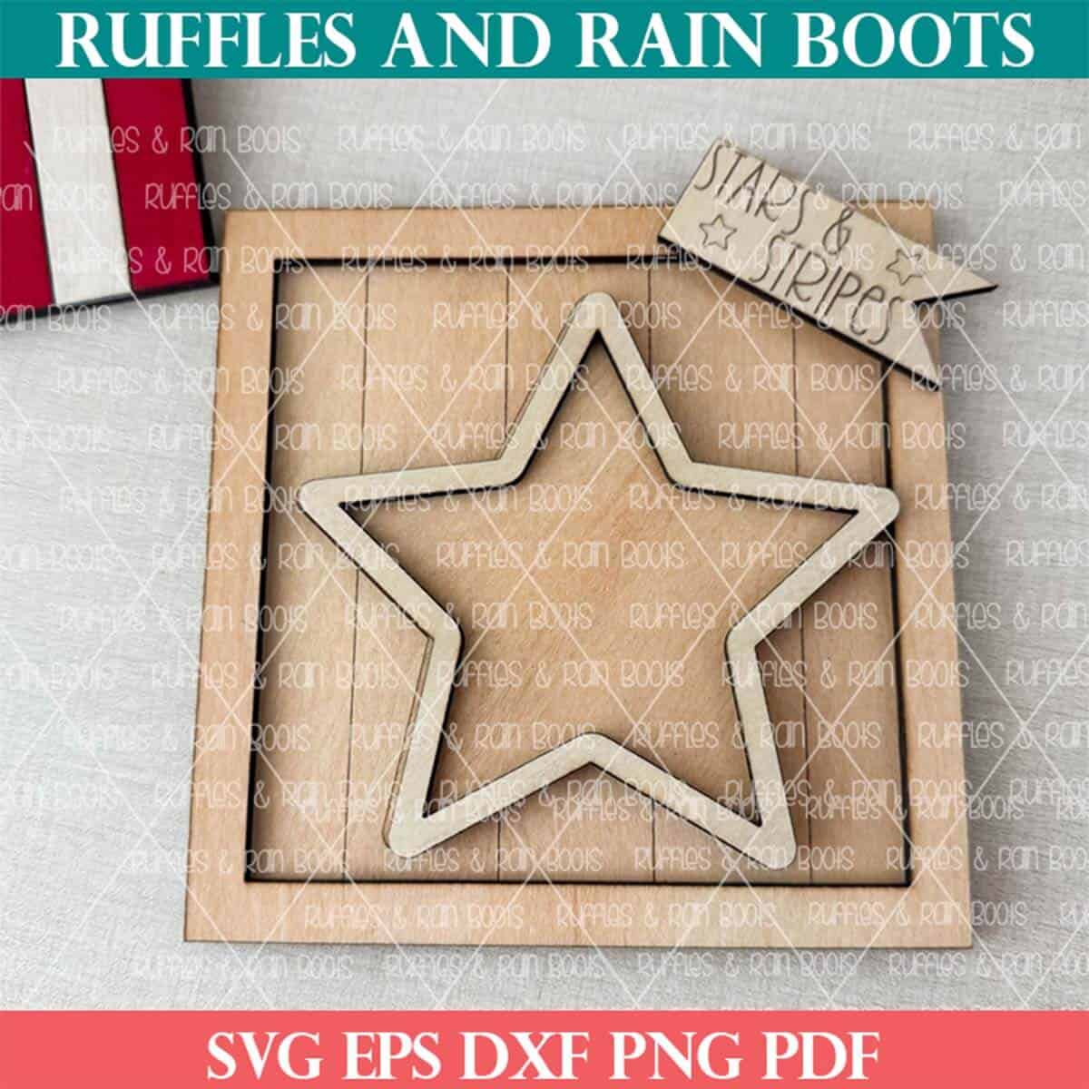 Stacked star shelf sitter for the 4th of July cut in different wood species from Ruffles and Rain Boots SVG.