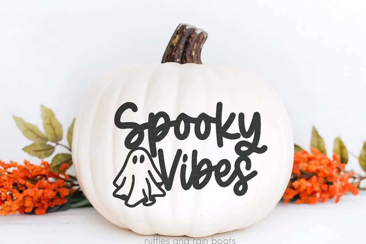 Horizontal image of a white pumpkin with black vinyl decoration with a ghost and spooky vibes in lettering.