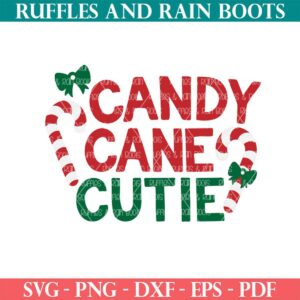 Ruffles and Rain Boots product image showing a red, white, and green design with two candy canes, bows, and text which reads candy cane cutie.