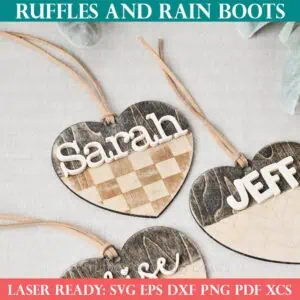 Farmhouse heart bag tags laser cut files on a linen background from Ruffles and Rain Boots SVG free.