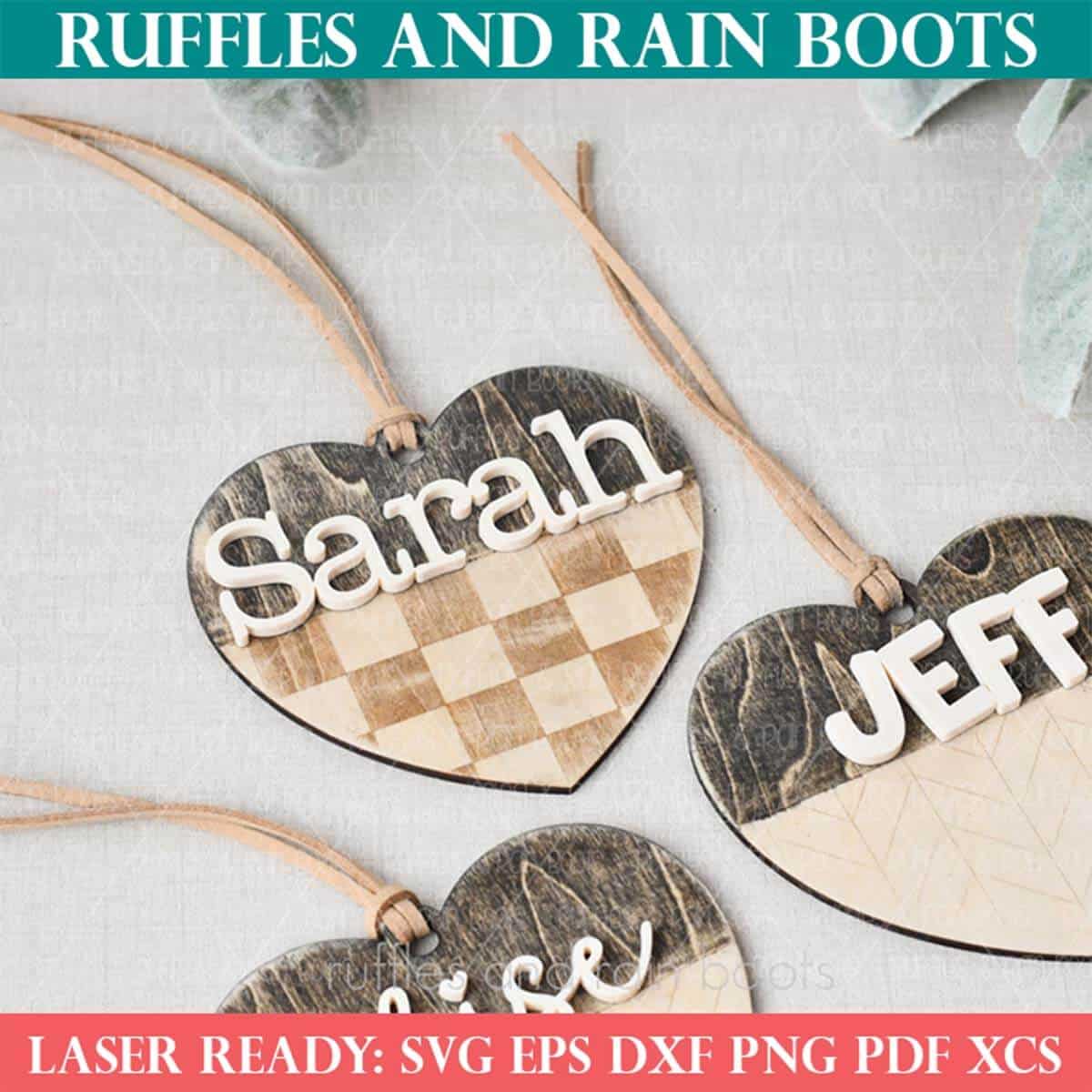 Farmhouse heart bag tags laser cut files on a linen background from Ruffles and Rain Boots SVG free.