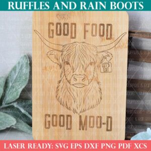 Square product image of a laser engraving highland cow cutting board from Ruffles and Rain Boots laser SVG.