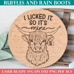 Close up square product image of a funny highland cow trivet made with a Scottish cow laser template from Ruffles and Rain Boots SVG.