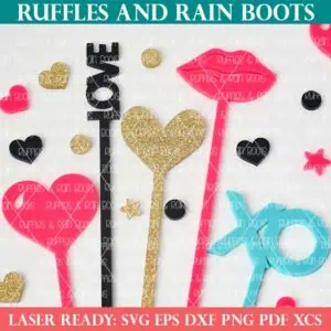 Laser ready acrylic stir sticks SVG bundle cut from pink, black, gold glitter, and teal for xTool Glowforge OmTech Aeon and more with a commercial license.