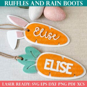 Close up square image of a pair of Easter basket tags in the shape of carrots, one with bunny ears and text which reads laser ready.