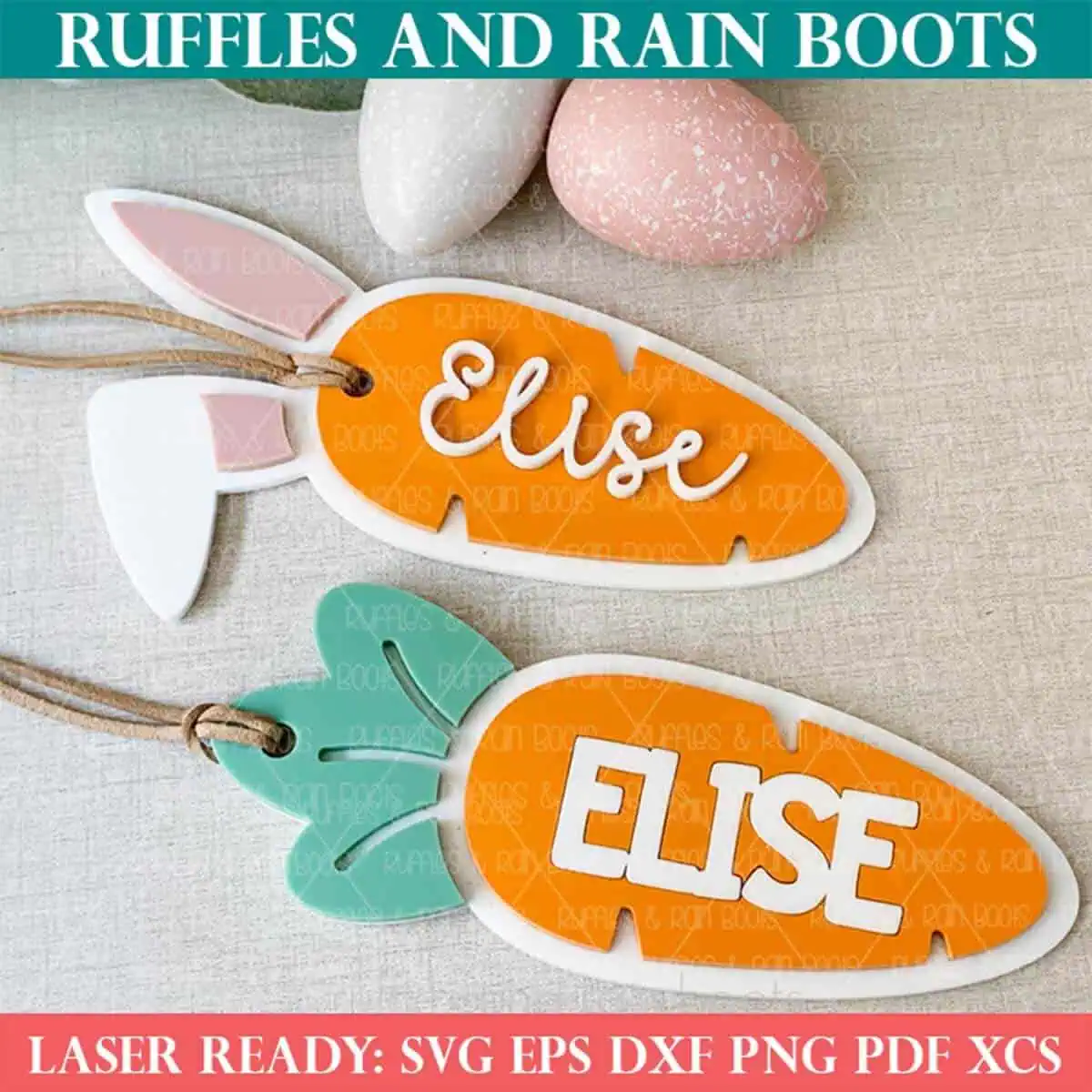 Close up square image of a pair of Easter basket tags in the shape of carrots, one with bunny ears and text which reads laser ready.