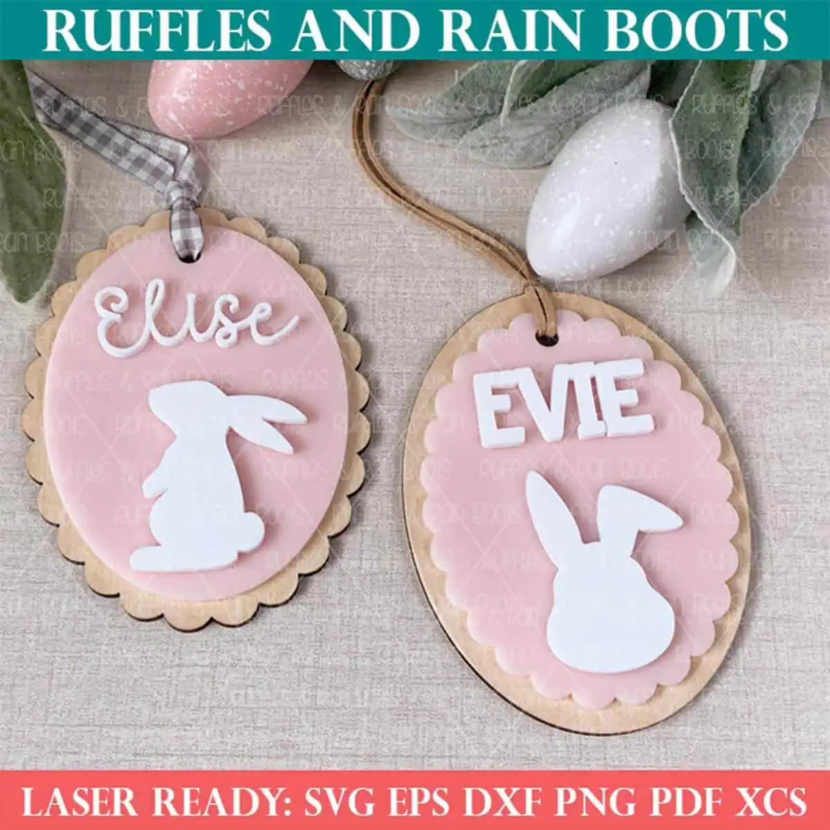 Square, close up image of two pink, white, and wood Easter basket tags on a linen background from Ruffles and Rain Boots laser SVG.