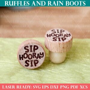 Close up product image of laser engraved wine corks for a wedding which read Sip Sip Hooray from Ruffles and Rain Boots free laser SVG.
