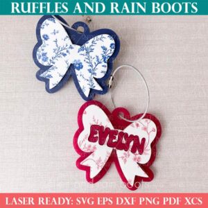 Hand drawn bow bag tag laser files from Ruffles and Rain Boots laser SVG.