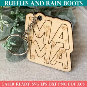 Square, close up image of a wood Mama keychain with flowers made for Mother's Day using a laser.