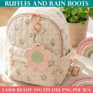 Square, close up image of a pink, green, and white daisy bag tag on a little girl's floral lunch box.