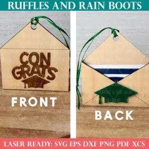 Split square image of the front and back of a free laser template for gift card holder for graduation.