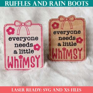Square, close up image of a whimsy print then cut or engrave then cut pair of car vent air fresheners with text which reads ruffles and rain boots laser ready svg and xs files.