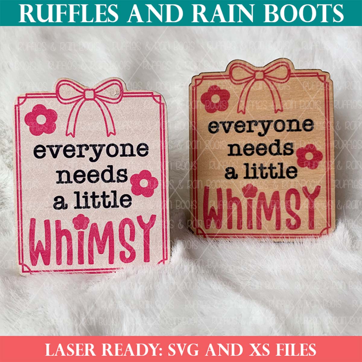 Square, close up image of a whimsy print then cut or engrave then cut pair of car vent air fresheners with text which reads ruffles and rain boots laser ready svg and xs files.