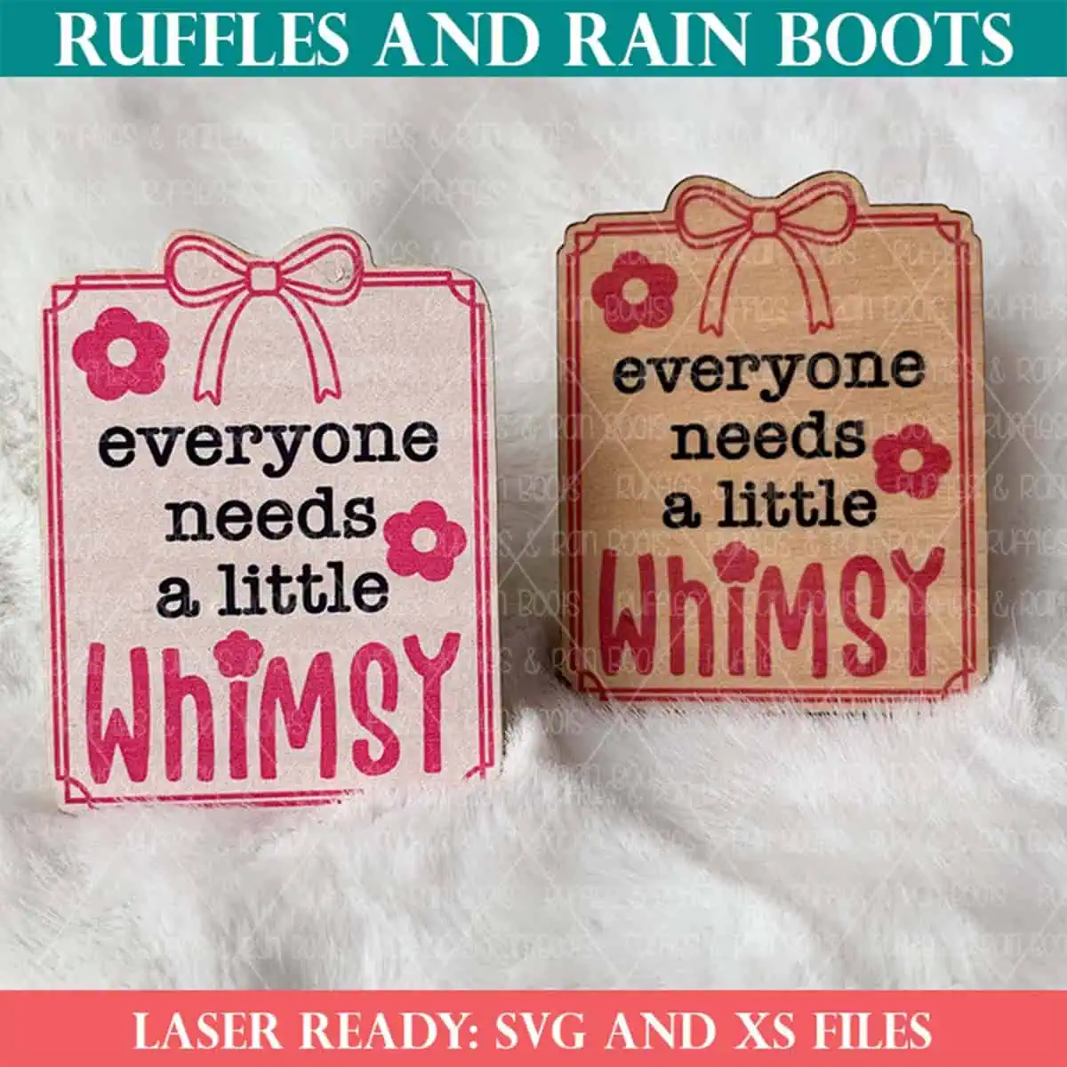 Square, close up image of a whimsy print then cut or engrave then cut pair of car vent air fresheners with text which reads ruffles and rain boots laser ready svg and xs files.